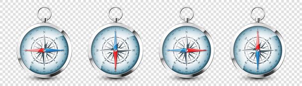 Realistický stříbrný retro kompas s mořskou větrnou růžicí a kardinálními směry severu, východu, jihu a západu. Lesklý kovový navigační kompas. Kartografie a navigace. Vektorová ilustrace. - Vektor, obrázek