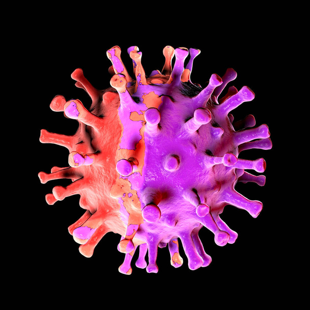 Vírus, részlet a mikroszkóp alatt, a koronavírus mutációi és változatai, sars-cov-2. Nagyítás. Fehér háttértér. Covid-19-es. 3D-s renderelés - Fotó, kép