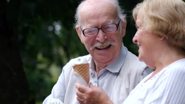 Ένα ώριμο ζευγάρι κάθεται σε ένα παγκάκι και τρώει παγωτό μια ηλιόλουστη μέρα. - Πλάνα, βίντεο