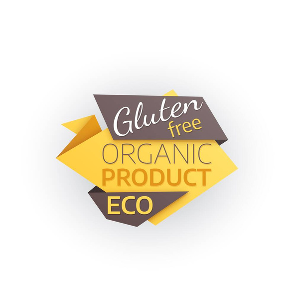 Gluténmentes ökológiai termék ikon, origami vektor banner. Öko-élelmiszer címke, természetes összetevő igazolt címke vagy ikon. Természetes bioélelmiszerek, prémium minőségű és tanúsítási garancia izolált jelvény - Vektor, kép