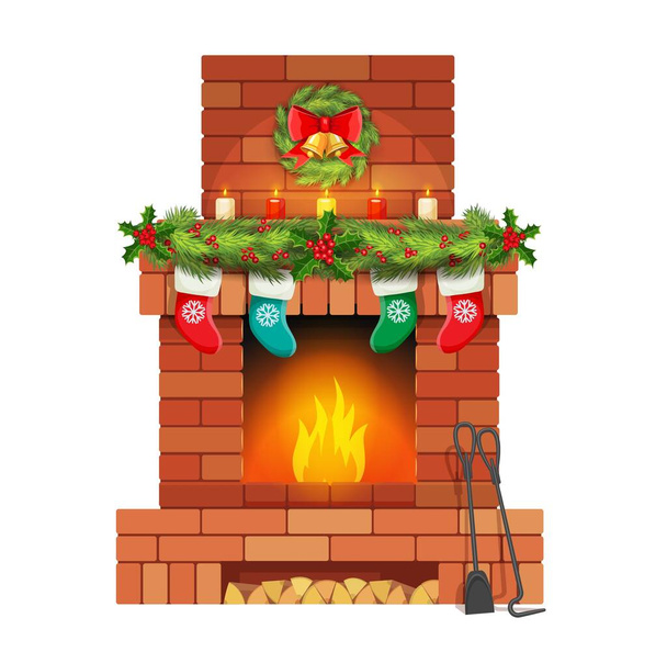 Foyer de Noël en brique avec cloches de houx et bas de Noël, bougies, couronne. Maison cheminée classique avec feu de bois morceaux flammes et vacances d'hiver décorations traditionnelles - Vecteur, image