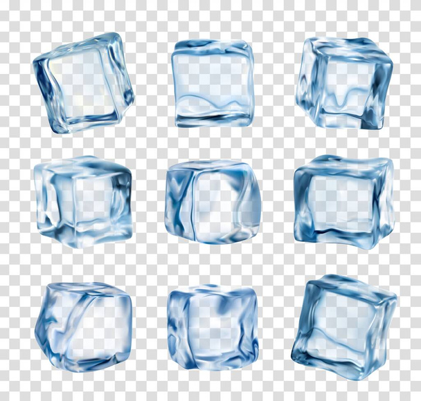 Cubos de gelo, blocos de gelo de cristal realistas isolados em fundo transparente. 3d vetor de vidro azul peças geladas para refrigerar bebida, blocos de água congelados quadrados limpos definidos para bebidas alcoólicas ou coquetéis - Vetor, Imagem