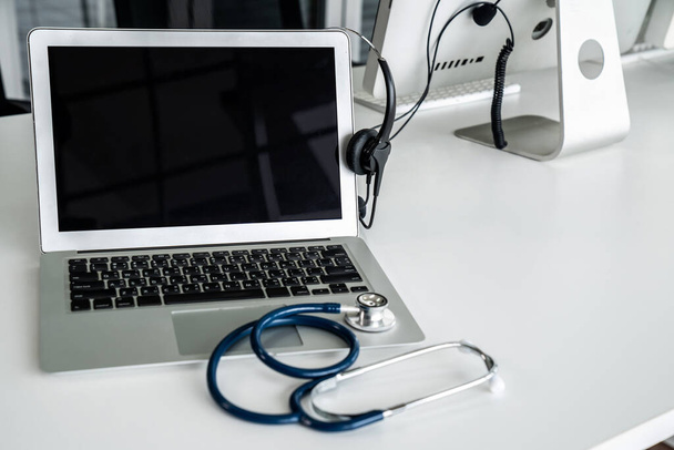 Headset and doctor equipment at clinic ready for actively support for patient - Photo, Image