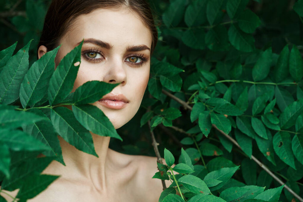beautiful woman makeup spa nature fresh air close-up - Фото, изображение