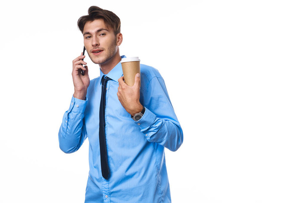 manager coffee cup posing office isolated background - Foto, imagen