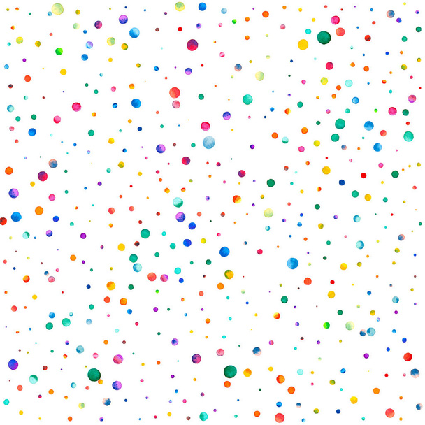 Watercolor confetti on white background. Adorable rainbow colored dots. Happy celebration square colorful bright card. Cute hand painted confetti. - Фото, зображення