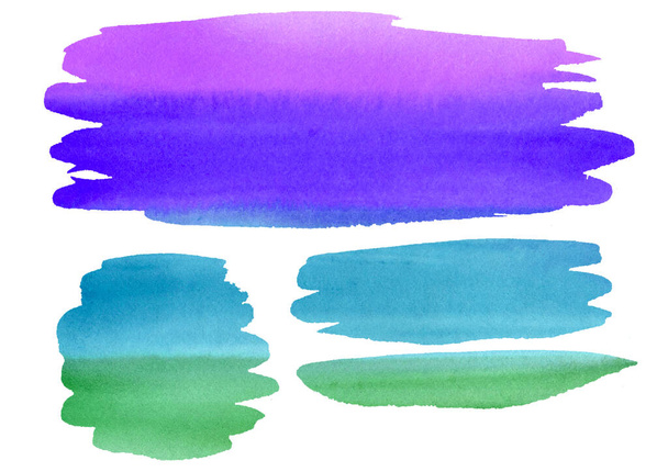 Watercolor artiatic freehand drawing stains and splash on white. Large Set green, turquoise, purple and violet drop, circle blob, frame, element. Infographic, Catalog, background. - Photo, image