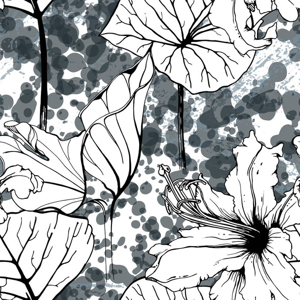 Floral Black and White Seamless Pattern. Modern Artistic Watercolor Print. Fashion Outline Flowers Surface. Botanic Vector Motif on Ink Stains Texture. Drawing Abstract Leaf. Trend Tropic Background. - Wektor, obraz