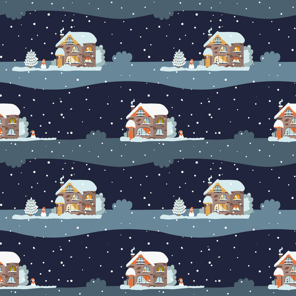 Casa di Natale nella neve con un pupazzo di neve. Illustrazione tessile senza soluzione di continuità. Sfondo, carta da parati o carta da imballaggio. Vacanze di Natale. - Vettoriali, immagini