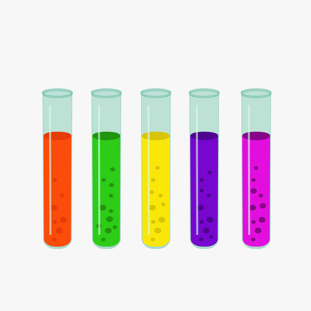 Laboratory glass test flasks with multicolored liquid on a white background. Vector illustration. - Vektor, obrázek