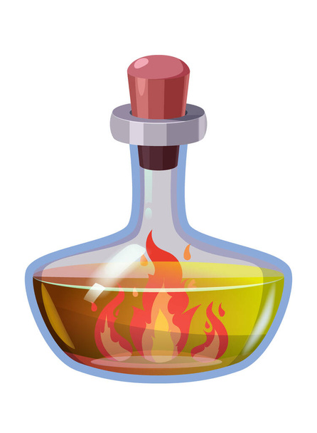 Бутылочное волшебное зелье с огнём силы. Иконка игры, стекло, жидкий эликсир, яд, фейк, векторная иллюстрация для игры, приложение UI - Вектор,изображение