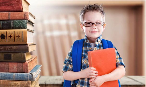 cute little school boy with book  - Foto, Bild