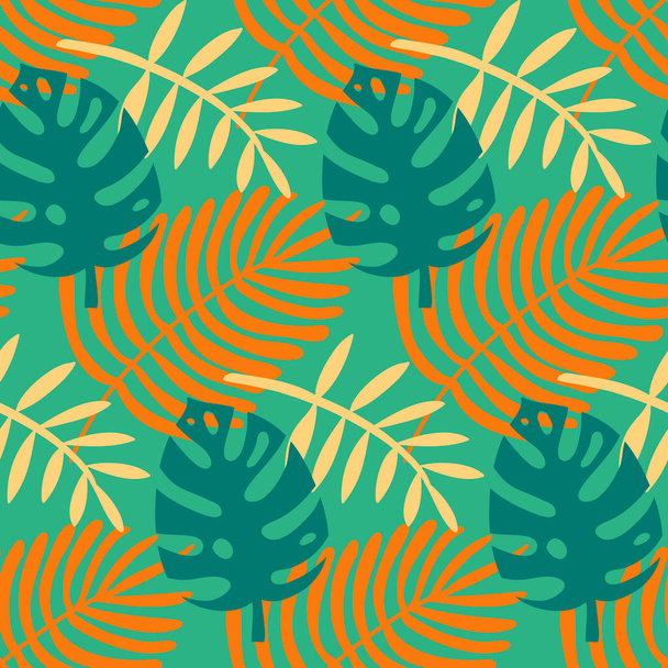 Monstera and palm seamless pattern, green yellow tropical leaves, vector illustration - Vecteur, image