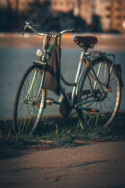 A vertical shot of a bicycle parked on the grass - Фото, изображение