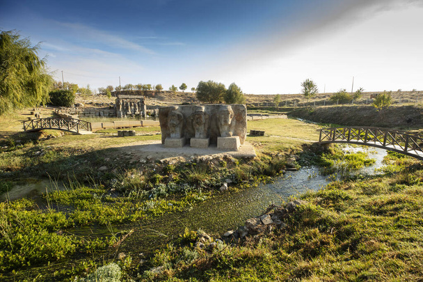 The Hittite spring sanctuary of Eflatun Pinar lies about 100 kilometres west of Konya close to the lake of Beysehir in a hilly, quite arid landscape. - 写真・画像