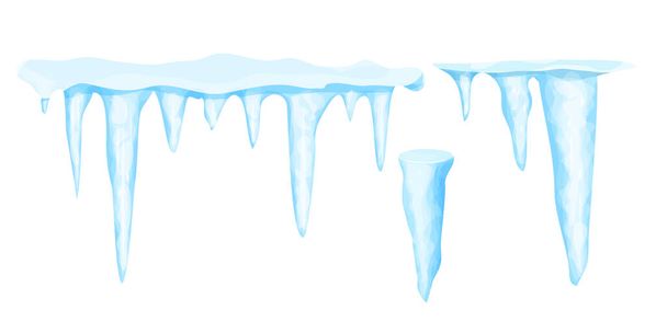 Aseta jääpuikot lumi talvi koristelu, jäädytetty vesi sarjakuva stile eristetty valkoisella pohjalla. Kokoelma Jääkiteitä, roikkuu elementti. Kuvioitu, kiiltävä. - Vektori, kuva