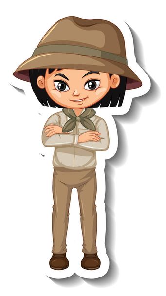 サファリ衣装の女の子漫画のキャラクターステッカーイラスト - ベクター画像