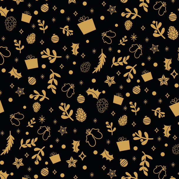 Goldene Weihnachtsartikel auf schwarzem Hintergrund. Nahtloses Muster - Vektor, Bild