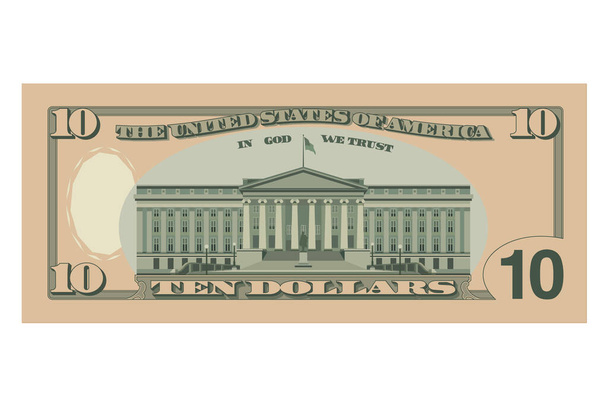 Десять доларів, 10 доларів, зворотний бік. Спрощена векторна ілюстрація USD, ізольована на білому тлі - Вектор, зображення