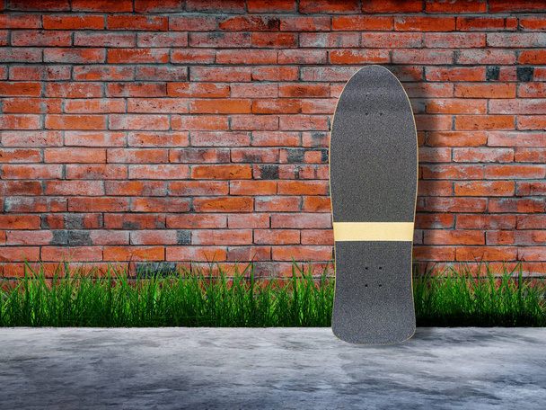Surfskate on outdoor concrete floor texture with old bricks wall background. - Photo, Image