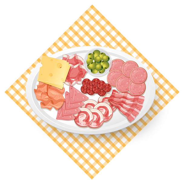 Набор мясных блюд с различными мясными блюдами на блюдечке - Вектор,изображение