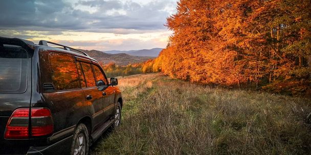 Der Geländewagen fährt in den Herbstkarpaten - Foto, Bild