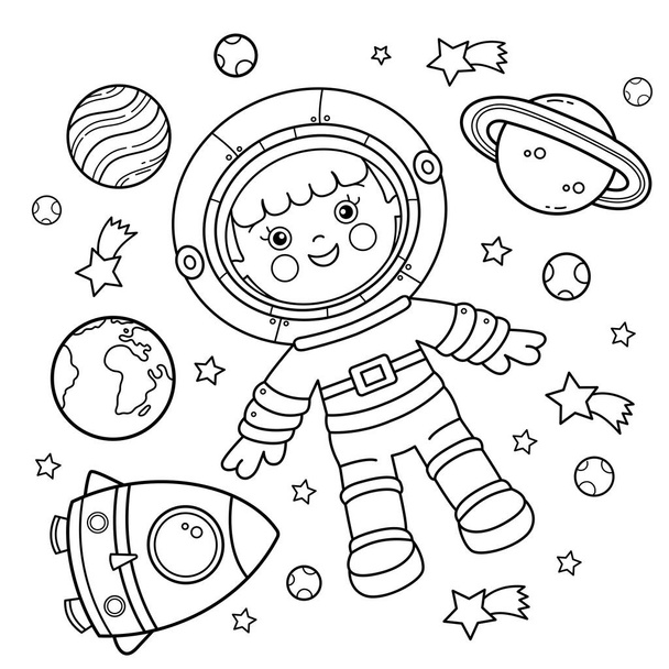Coloring Page Outline Of a cartoon astronaut with rocket in space. Little spaceman or cosmonaut. Coloring book for kids. - Vektor, kép