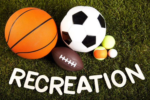 Palavra de recreação com equipamento desportivo
 - Foto, Imagem