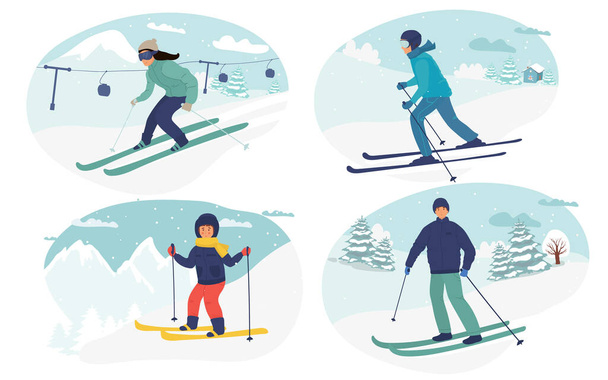 комплекс зимних мероприятий. Векторная иллюстрация счастливых лыжников в зимнем пейзаже. Изолирован на белом. мужчина, женщина катается на лыжах. Плоская коллакция - Вектор,изображение