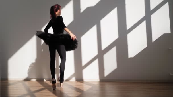 Ballerina in zwarte Tutu Danst elegant tegen witte muur in helder zonlicht - Video