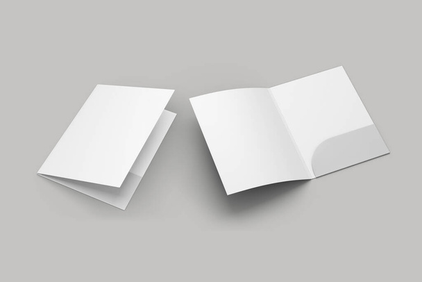 Papier blanc vide en carton dossier ouvert avec en-têtes de lettre à l'intérieur. Couverture avant et ouvert avec du papier à l'intérieur. Maquette isolée sur fond blanc. Rendu 3d. - Photo, image