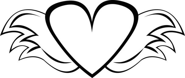 Ilustración vectorial del corazón alado dibujado en blanco y negro - Vector, imagen