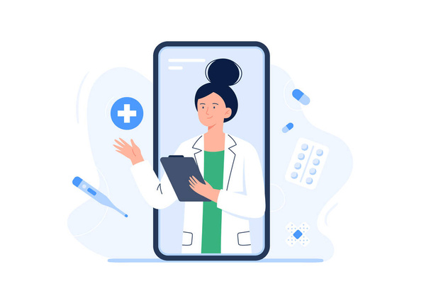 Smartphone screen with a female doctor. Online medical services, consultation and telemedicine concept. Vector flat illustration isolated on white background. - Vector, Image
