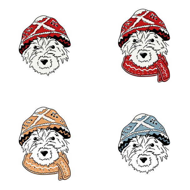 Navidad perro retratos vector ilustraciones. Cabeza de perro en cálido sombrero de invierno y bufanda  - Vector, imagen
