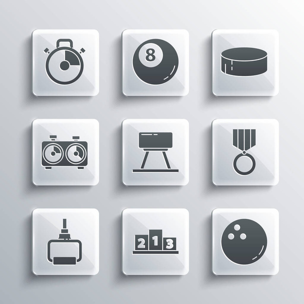 Set Award over sports winner podium, Bowling ball, Medal, Pommel horse, TPX loop training equipment, Time chess clock, Stopwatch and Hockey puck icon. Vector - Vector, afbeelding