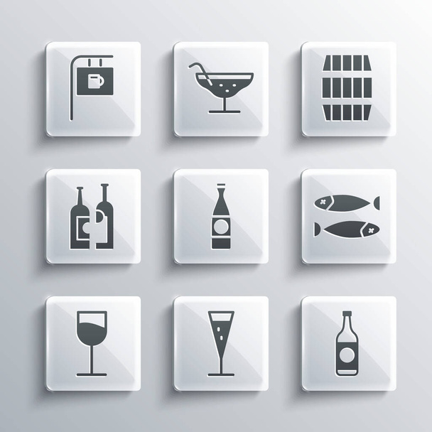 Pezsgőspoharak, sörösüveg, szárított hal, borospohár, palackok bor, utcai tábla bárral és fahordó ikonnal. Vektor - Vektor, kép