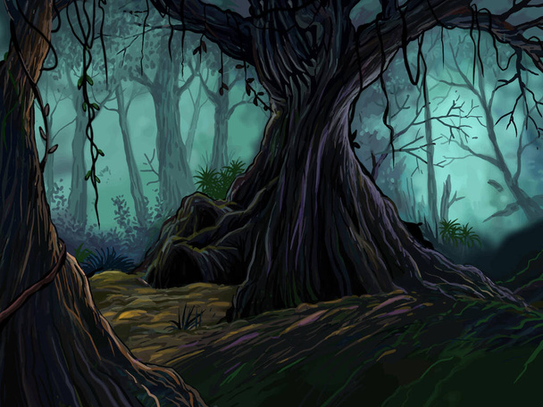Cenário de fundo assustador na floresta assombrada. Cor detalhada da pintura digital. - Vetor, Imagem