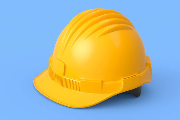 Yellow safety helmet or hard cap isolated on blue background. 3d render and illustration of headgear and handyman tools - Foto, imagen