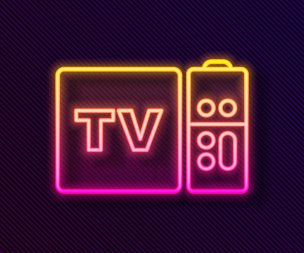 Gloeiende neon lijn Multimedia en TV box ontvanger en speler met afstandsbediening pictogram geïsoleerd op zwarte achtergrond. Vector. - Vector, afbeelding