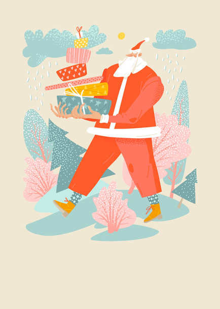 巨大なサンタクロースは冬の森の中で贈り物と一緒に歩きます。漫画風の面白いキャラクター - ベクター画像