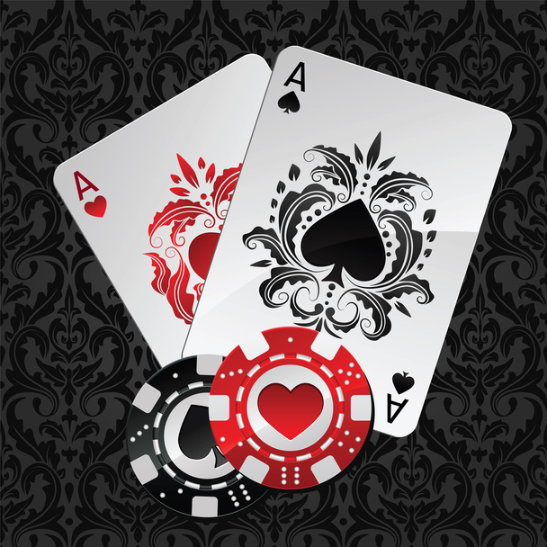 Two aces playing cards and poker chips - Вектор,изображение