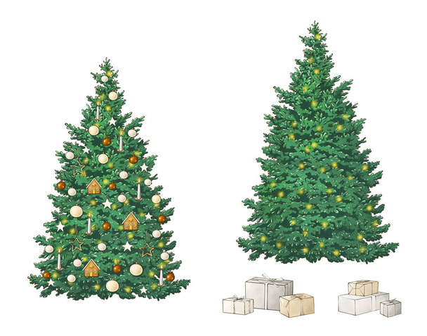 Beyaz arka planda hediyeler olan Noel ağaçlarının tasviri. yeni yıl konsepti - Fotoğraf, Görsel