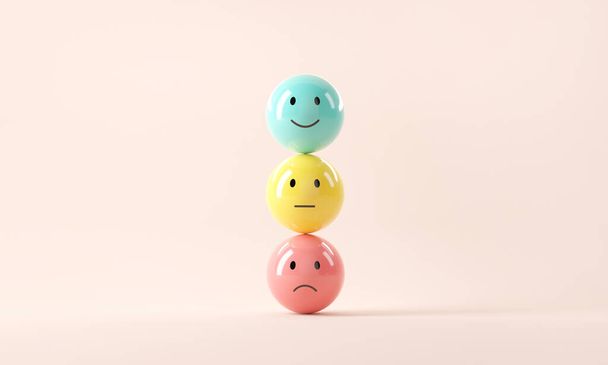 Sada emotikonů emoji se smutnou a veselou náladou, hodnocení, Zvýšení hodnocení, Zkušenosti zákazníků, Spokojenost a nejlepší koncept hodnocení vynikajících služeb, 3D vykreslení. - Fotografie, Obrázek