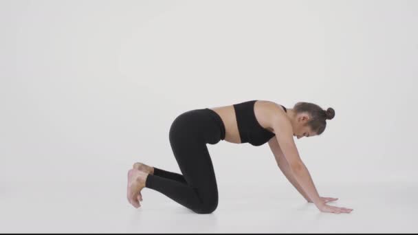 Práctica de yoga. Retrato de perfil de mujer flexible haciendo pose infantil y asanas de perro descendente, fondo de estudio blanco - Metraje, vídeo