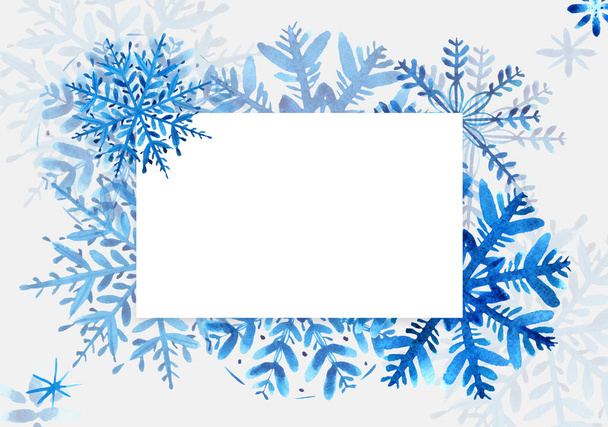 Winter frame with blue watercolor snowflakes on white background. Horizontal rectangle. - Photo, image