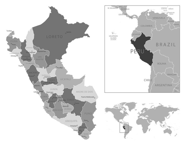 Peru - nagyon részletes fekete-fehér térkép. Vektorillusztráció - Vektor, kép