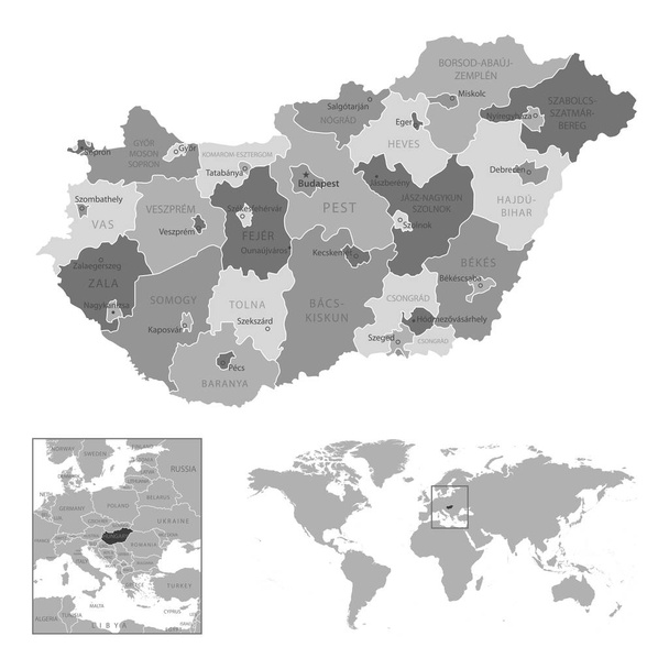 Węgry - bardzo szczegółowa czarno-biała mapa. Ilustracja wektora - Wektor, obraz