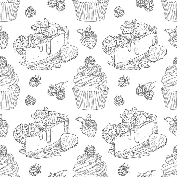 Vector seamless pattern with hand drawn outline cheesecake and cupcake with fresh strawberry and raspberry. Can be used for printing, textiles, packaging paper and sweet bakery menu. - Vector, Image