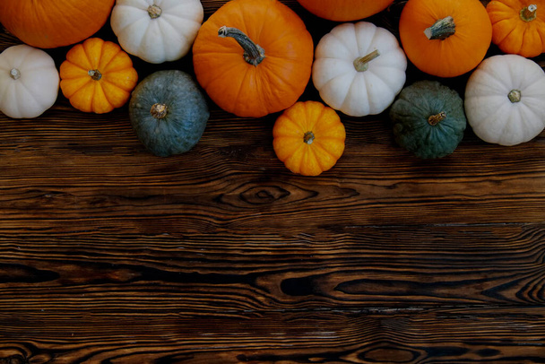 Bunch of pumpkins of different kinds, shapes and colors on wooden background as a symbol of autumnal holidays with a lot of copy space for text. - Photo, Image
