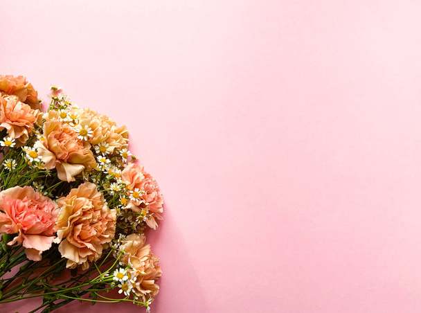 Border banner with carnations on a pink background, top view, copy space. Summer, spring web banner background, cozy flat lay. Lay out, top view. Postcard with delicate flowers. Place for text - 写真・画像